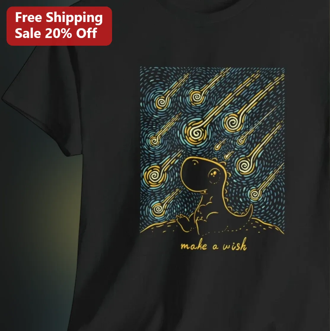 Make A Wish Tee Cute Dinosaur Starry Night Shooting Star Shirt Gift for Kids