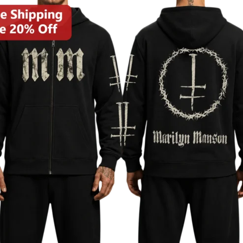 Marilyn Manson Gothic Industrial Rock Zip Up Hoodie Black Heavy Metal Fan Gear Apparel