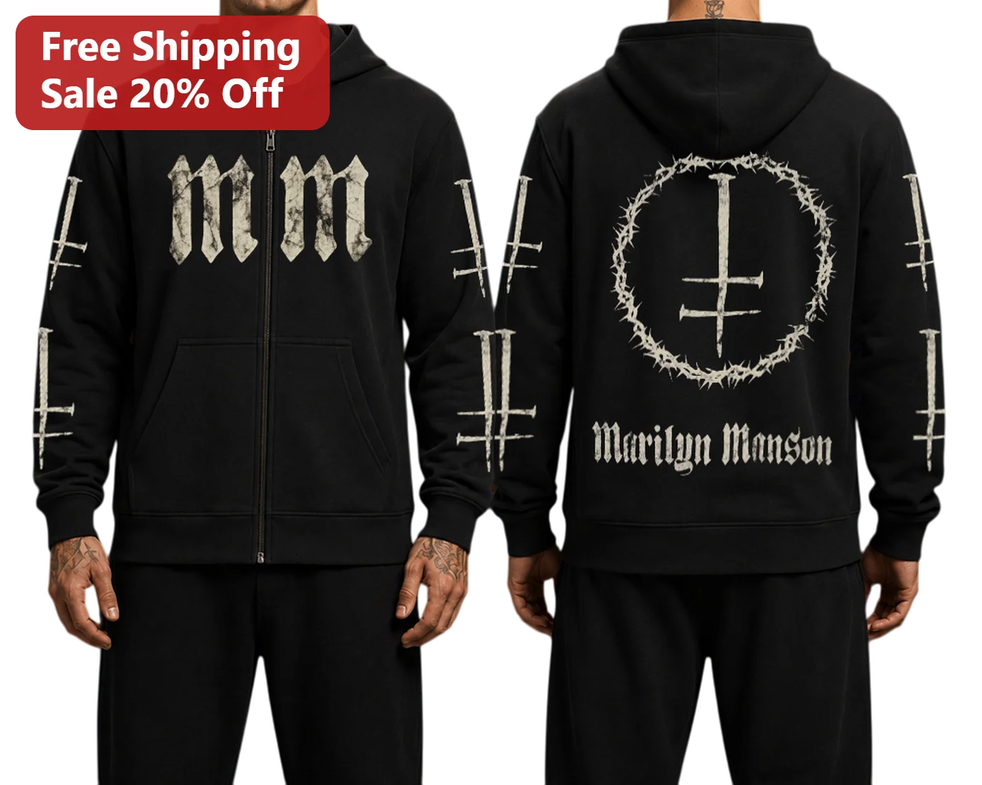 Marilyn Manson Gothic Industrial Rock Zip Up Hoodie Black Heavy Metal Fan Gear Apparel