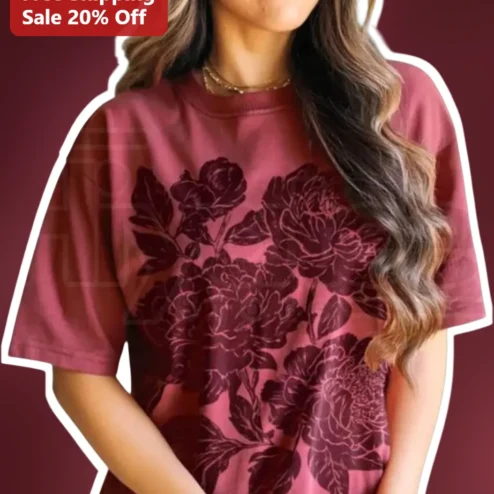 Maroon Floral Graphic Tee Women's Botanical Rose Print Cotton Top