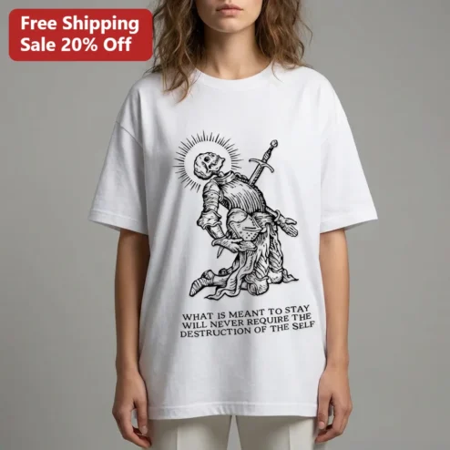Meant to Stay Will Never Require the Destruction of the Self Skeleton Knight Tee, Gothic Medieval Dark Academia Philosophical Quote Gift
