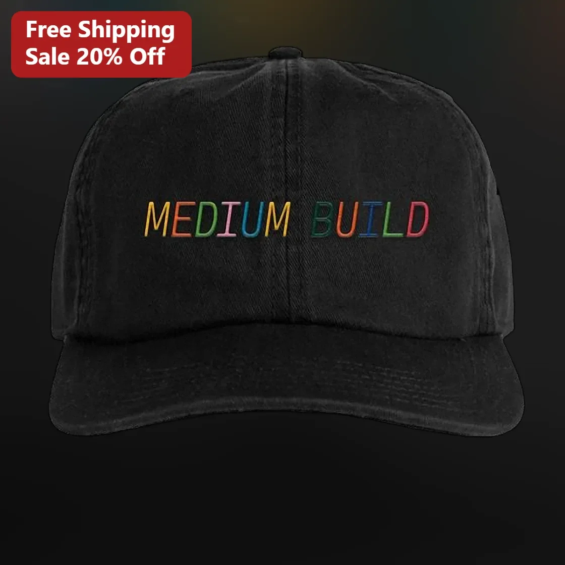 Medium Build Hat Black Embroidered Rainbow Text Baseball Cap Fan Merch