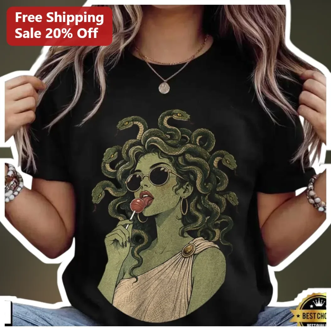 Medusa Tee Funny Greek Mythology Gorgon with Sunglasses Graphic T-Shirt for Women Men