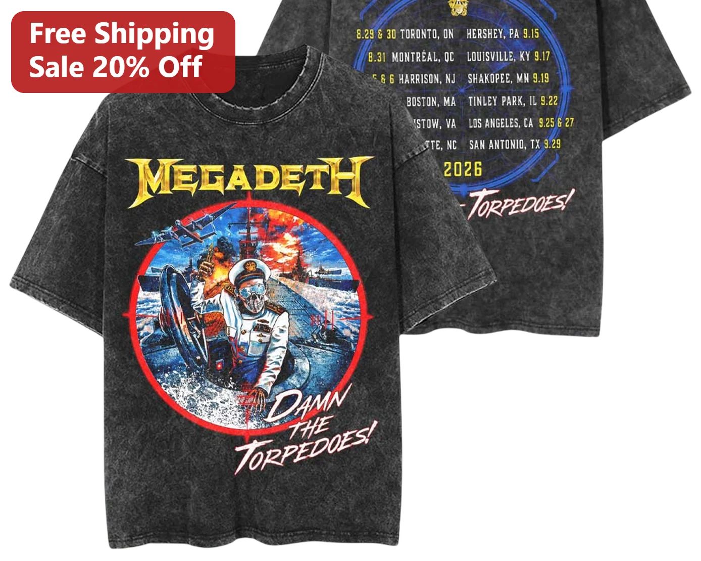 Megadeth Damn The Torpedoes! Graphic Tee Vintage Thrash Metal Band Merch Acid Wash Shirt