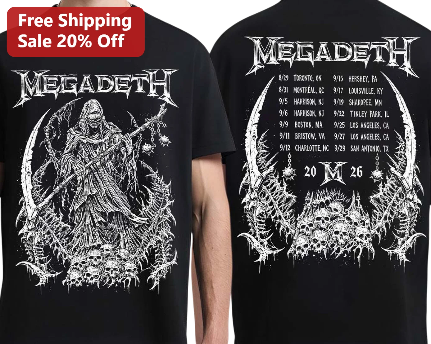 Megadeth Vic Rattlehead Tour Dates Graphic Tee Heavy Metal Band Merch