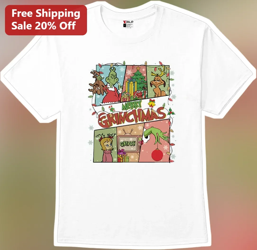 Merry Grinchmas Tee Vintage Comic Style Holiday Graphic Shirt for Women Men Kids Christmas Gift