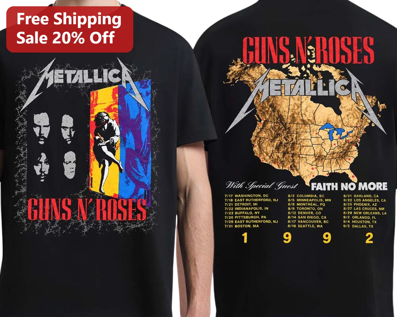Metallica Guns N Roses Faith No More Vintage Rock Band Tee