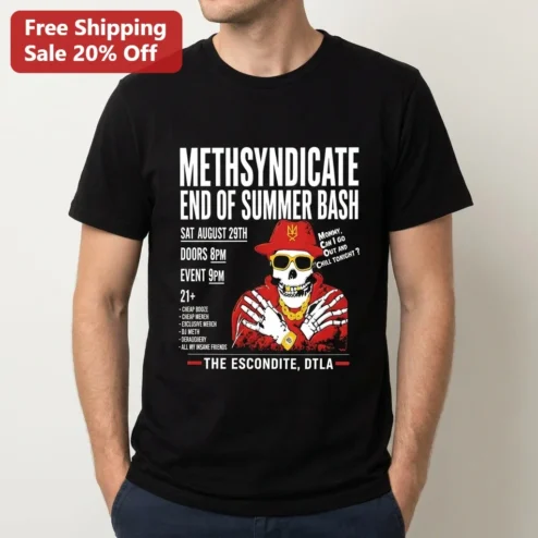 Methsyndicate End of Summer Bash Skeleton Graphic Tee, DTLA Event Party Streetwear Shirt