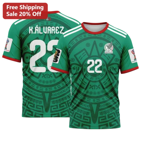 Mexico Jersey World Cup 2026 Aztec Sun Stone Pattern Custom Name Number Soccer Kit