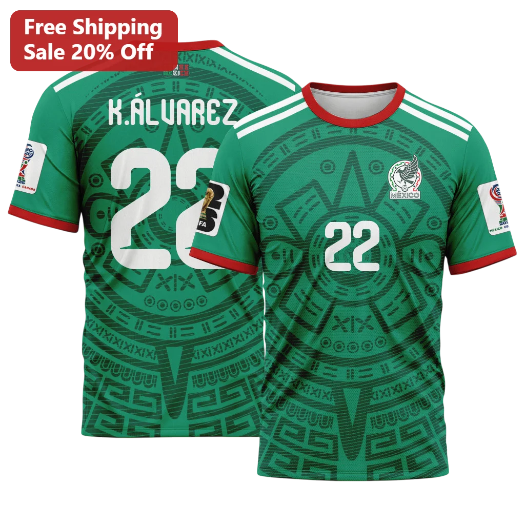 Mexico Jersey World Cup 2026 Aztec Sun Stone Pattern Custom Name Number Soccer Kit