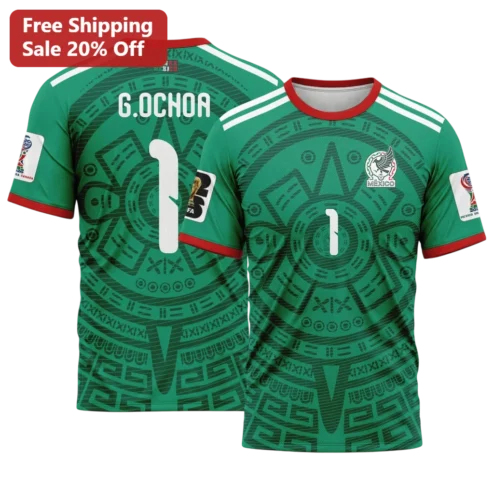México Soccer Jersey Tee Guillermo Ochoa Number 1 Aztec Calendar Graphic Shirt