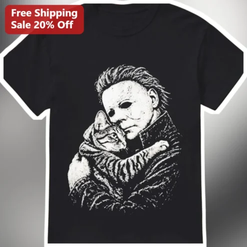 Michael Myers Holding Cat Graphic Tee Halloween Horror Movie Shirt