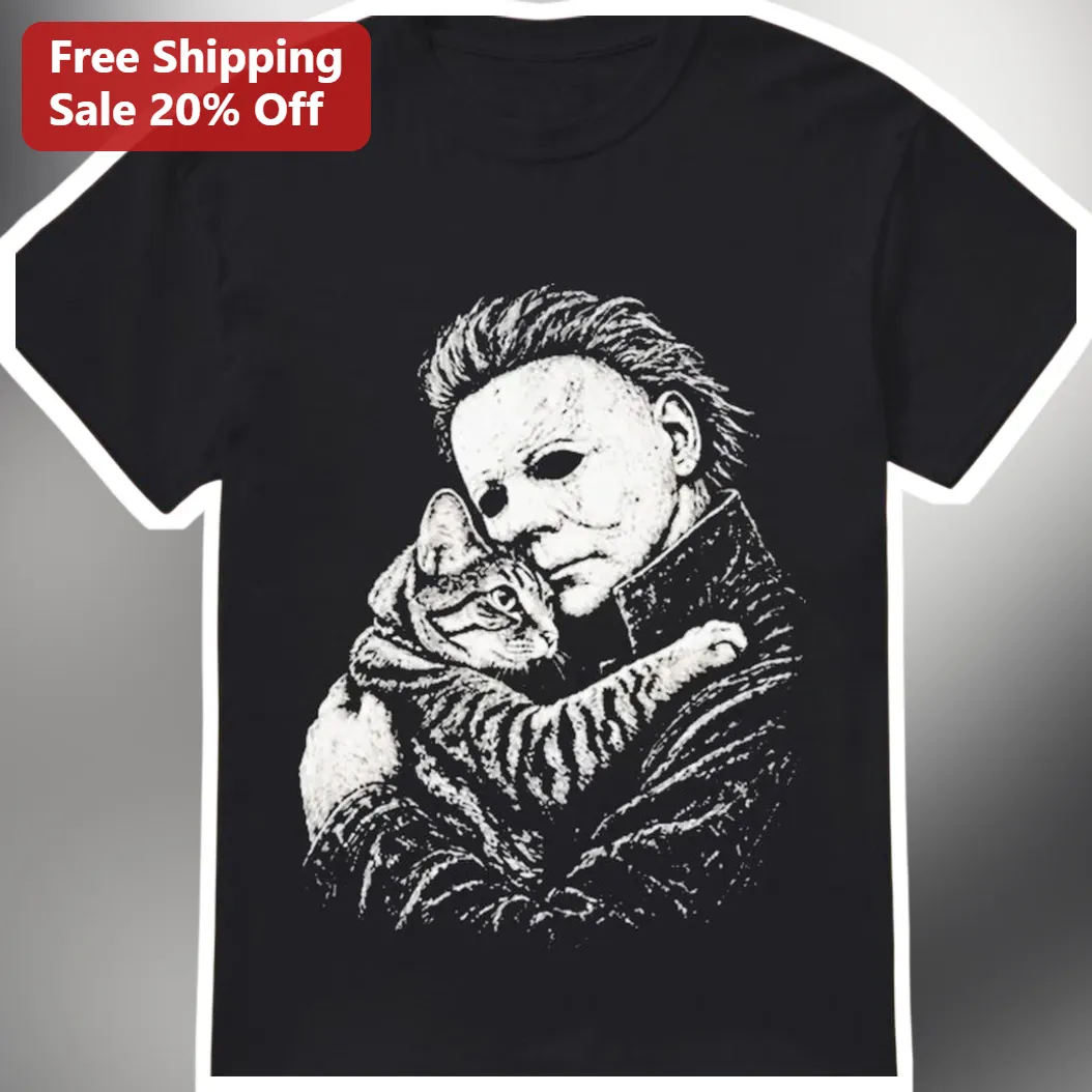 Michael Myers Holding Cat Graphic Tee Halloween Horror Movie Shirt