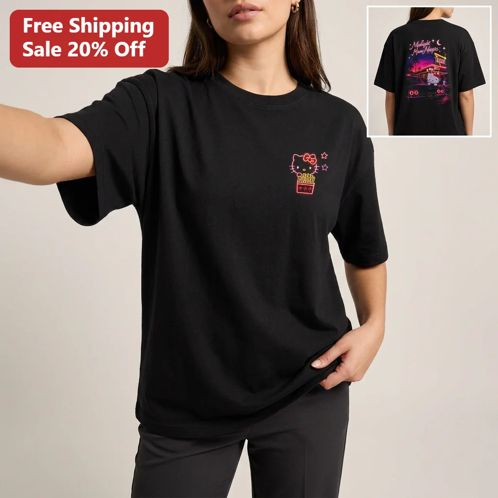 Midnight Menu Magic Hello Kitty In-N-Out Burger Neon Diner Graphic Tee Kawaii Fast Food Streetwear Shirt