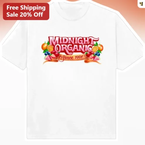 Midnight Organic Since 1991 Tee, Retro Fruit Graphic Vintage Style T-Shirt