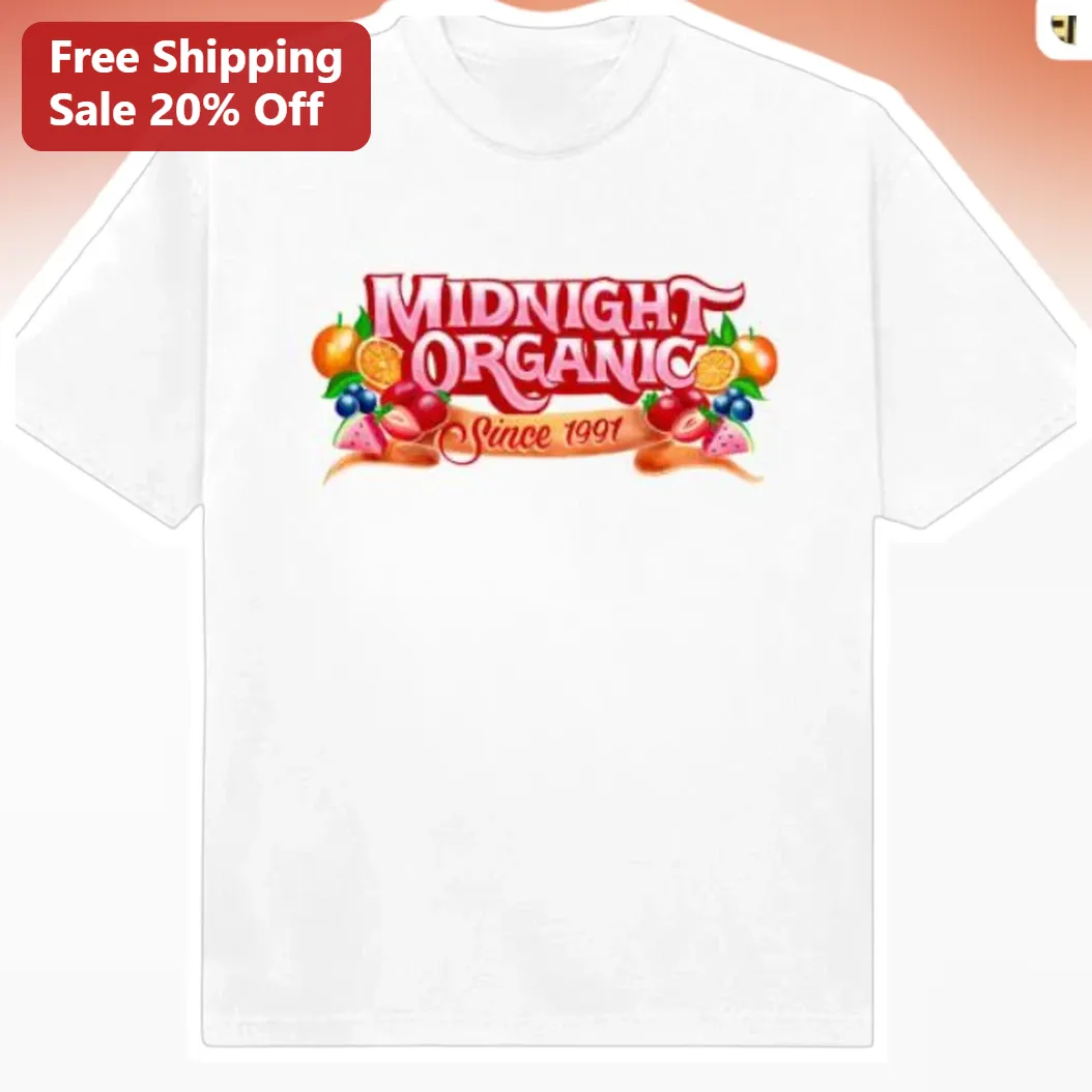 Midnight Organic Since 1991 Tee, Retro Fruit Graphic Vintage Style T-Shirt
