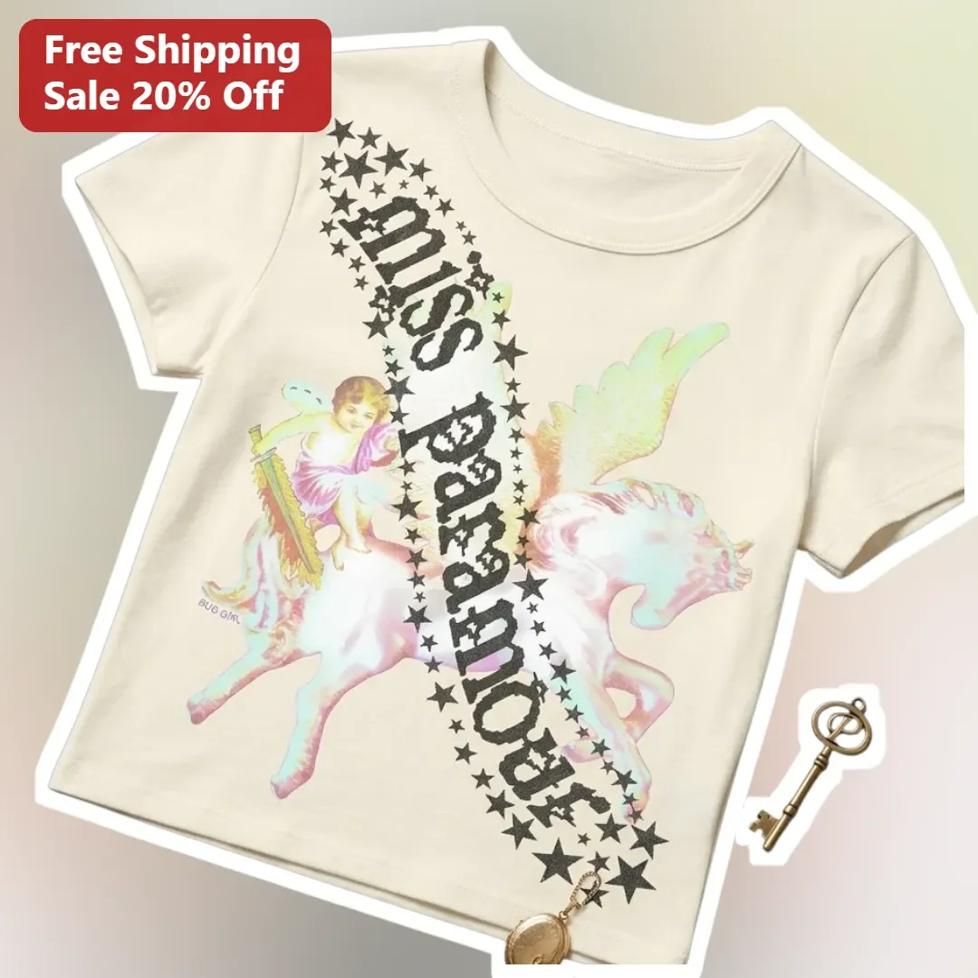 Miss Paranormal Tee Vintage Pegasus Cherub Graphic Shirt for Women