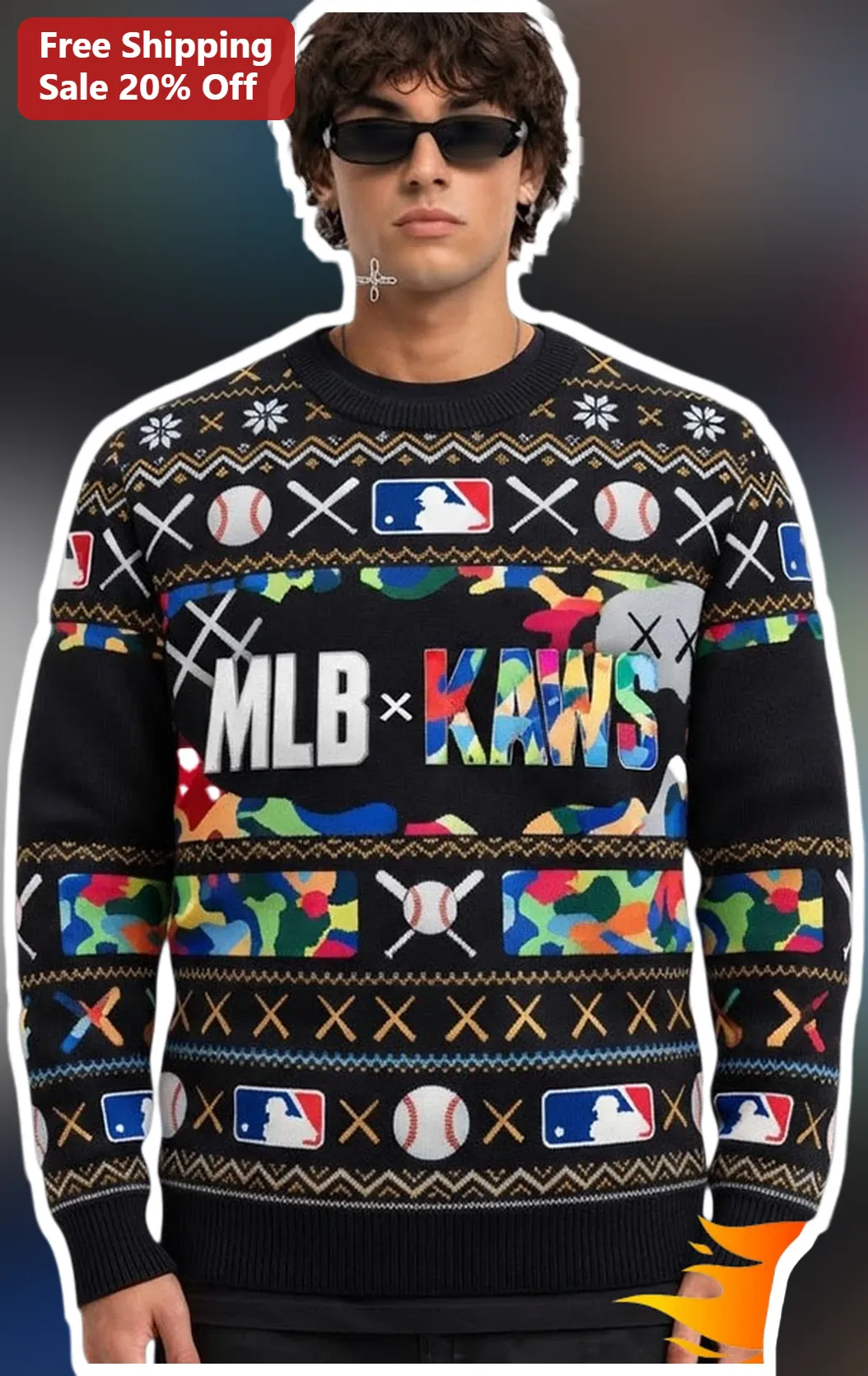 MLB x KAWS Ugly Christmas Sweater Baseball Camo Crewneck Holiday Gift for Men Women