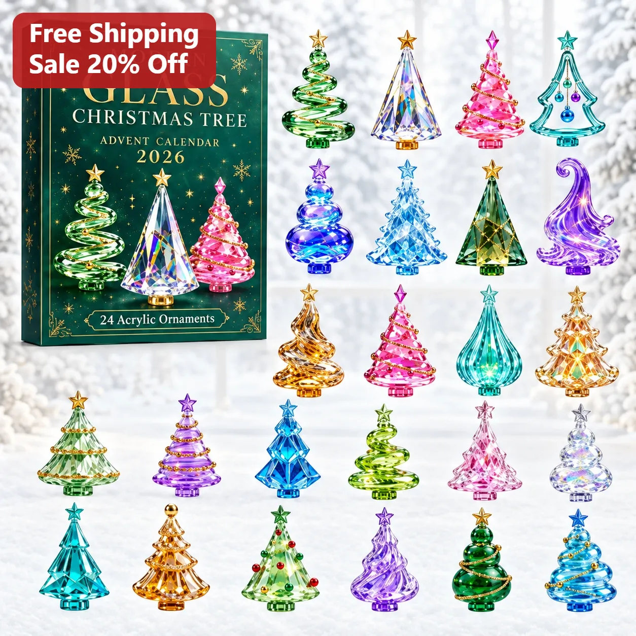 Modern Glass Christmas Tree Ornament Advent Calendar 2026 Geometric Acrylic Holiday Decor