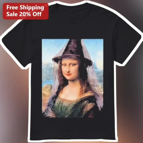 Mona Lisa Witch Hat Graphic Tee Halloween Art Parody Shirt for Women Men
