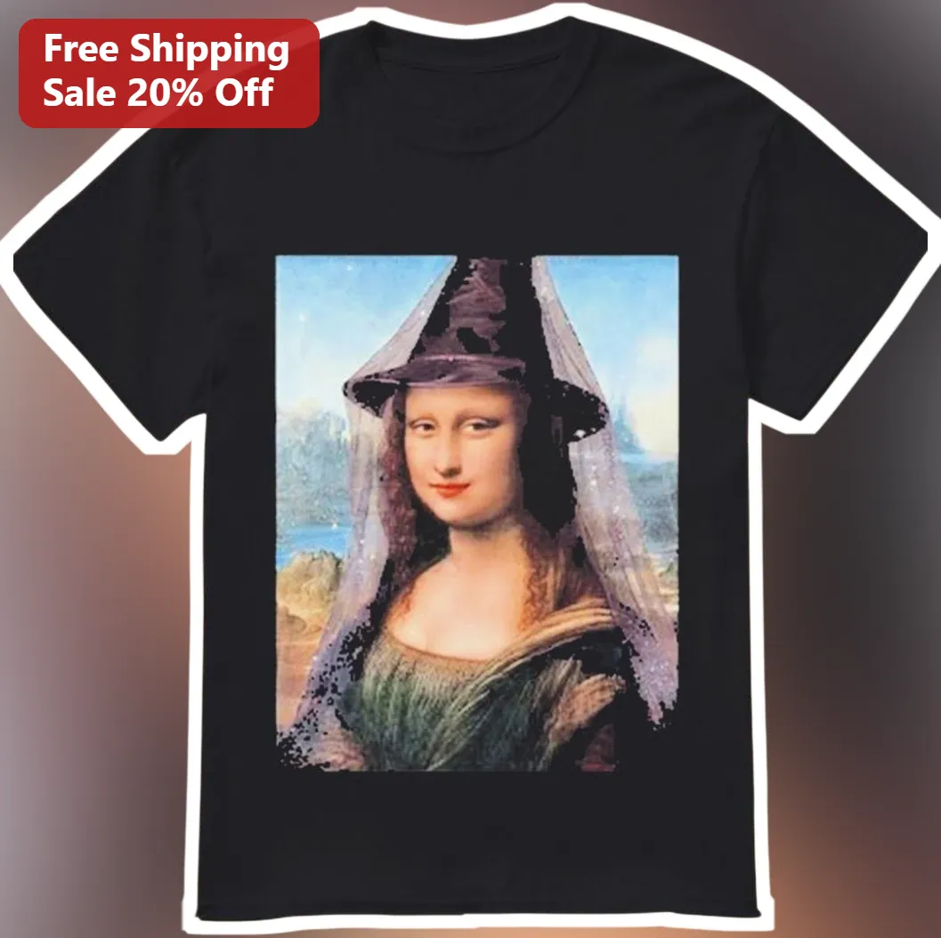 Mona Lisa Witch Hat Graphic Tee Halloween Art Parody Shirt for Women Men