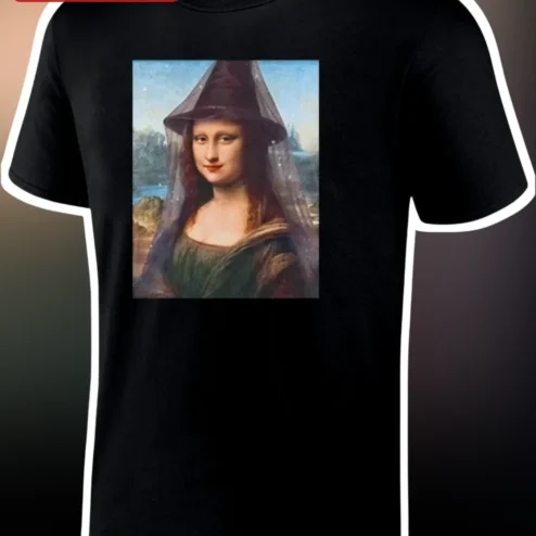 Mona Lisa Witch Hat Tee Halloween Renaissance Art Parody Graphic T-Shirt for Women Men