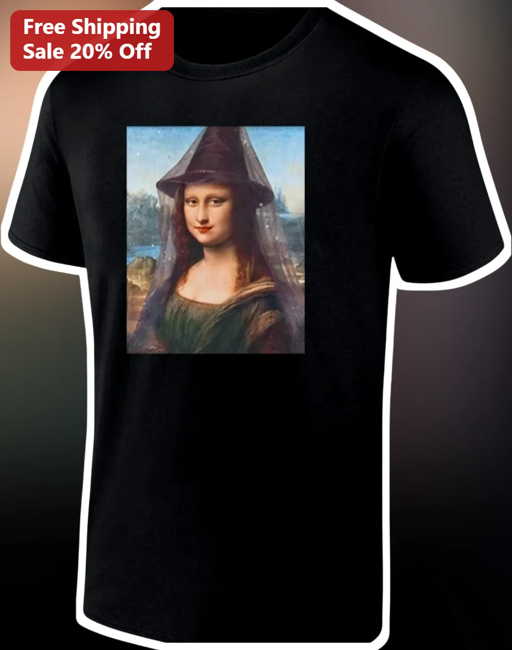 Mona Lisa Witch Hat Tee Halloween Renaissance Art Parody Graphic T-Shirt for Women Men