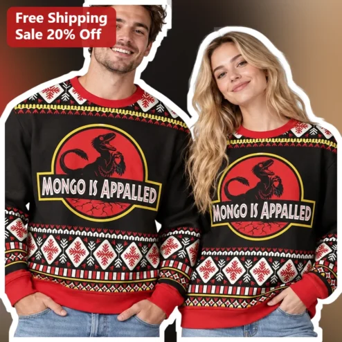 MONGO IS APPALLED Sweatshirt Jurassic Park Parody Ugly Christmas Sweater Design