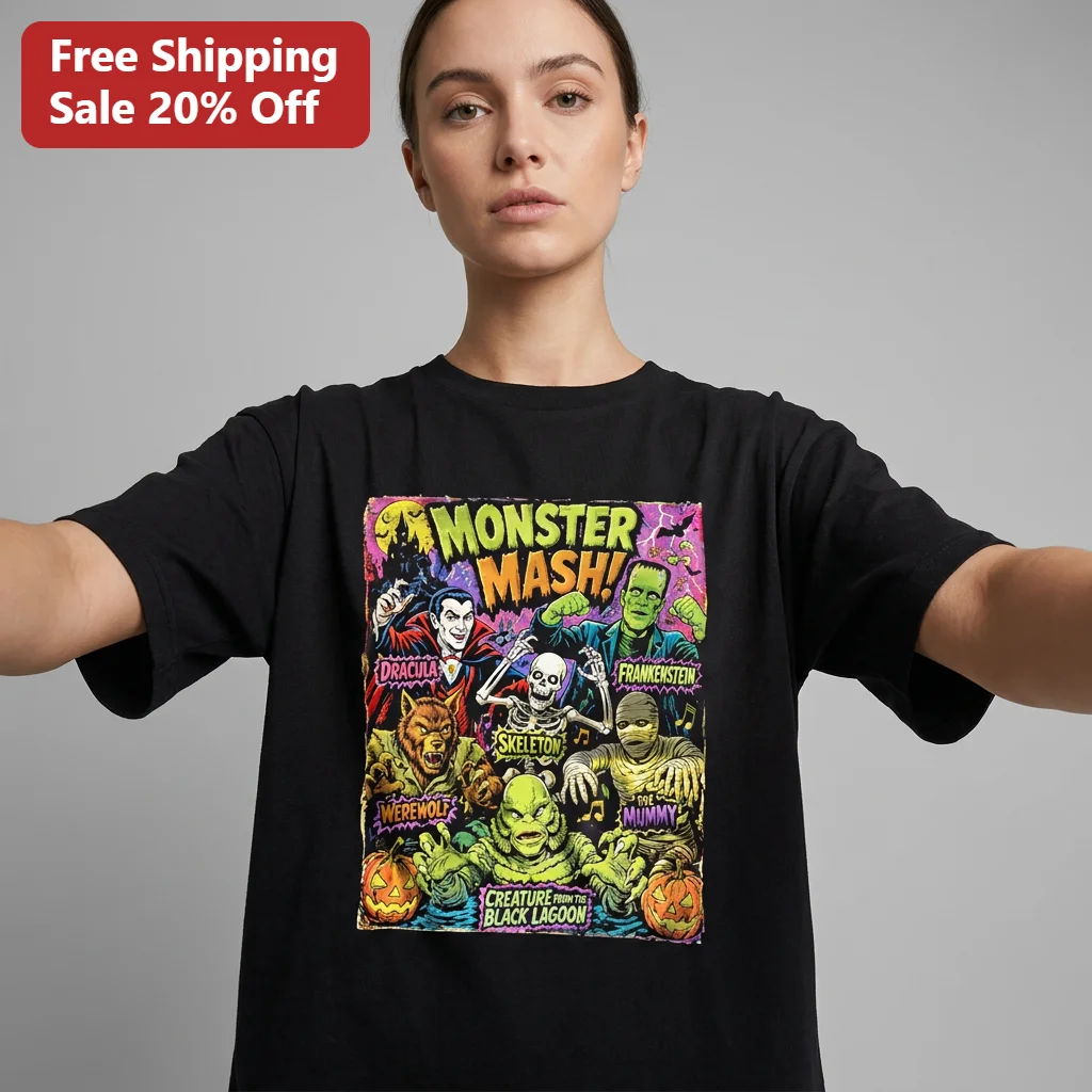 Monster Mash Dracula Skeleton Frankenstein Werewolf Mummy Halloween Tee Retro Classic Horror Movie Gift