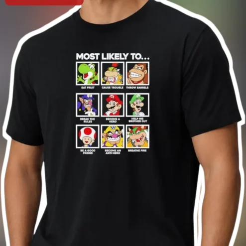 Most Likely To Mario Nintendo Characters Funny Graphic Tee for Gamers