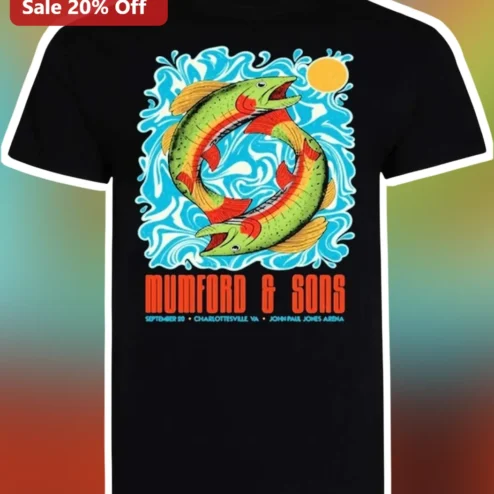 Mumford Sons Tee Vintage Folk Rock Band Shirt Trout Fish Graphic Merch