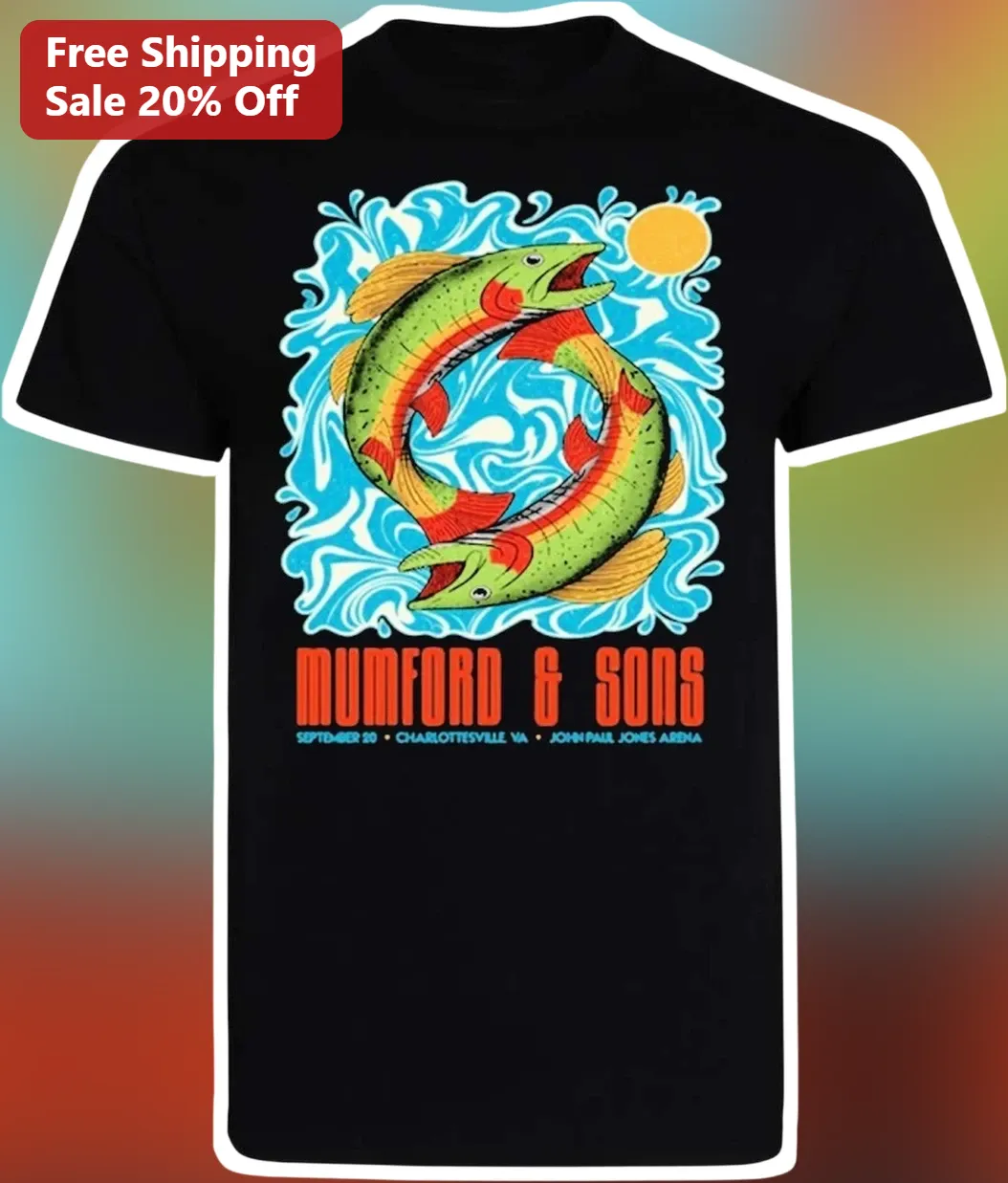 Mumford Sons Tee Vintage Folk Rock Band Shirt Trout Fish Graphic Merch