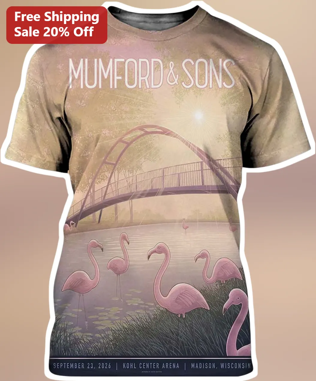 Mumford Sons Vintage Flamingo Landscape Graphic Tee Surreal Band Merch Gift available at our Chicago, Illinois warehouse