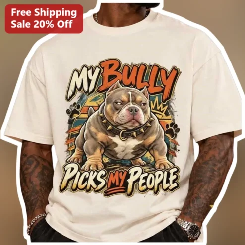 My Bully Picks My People American Bully Dog Graphic Tee Retro Sunset Pitbull Lover Shirt