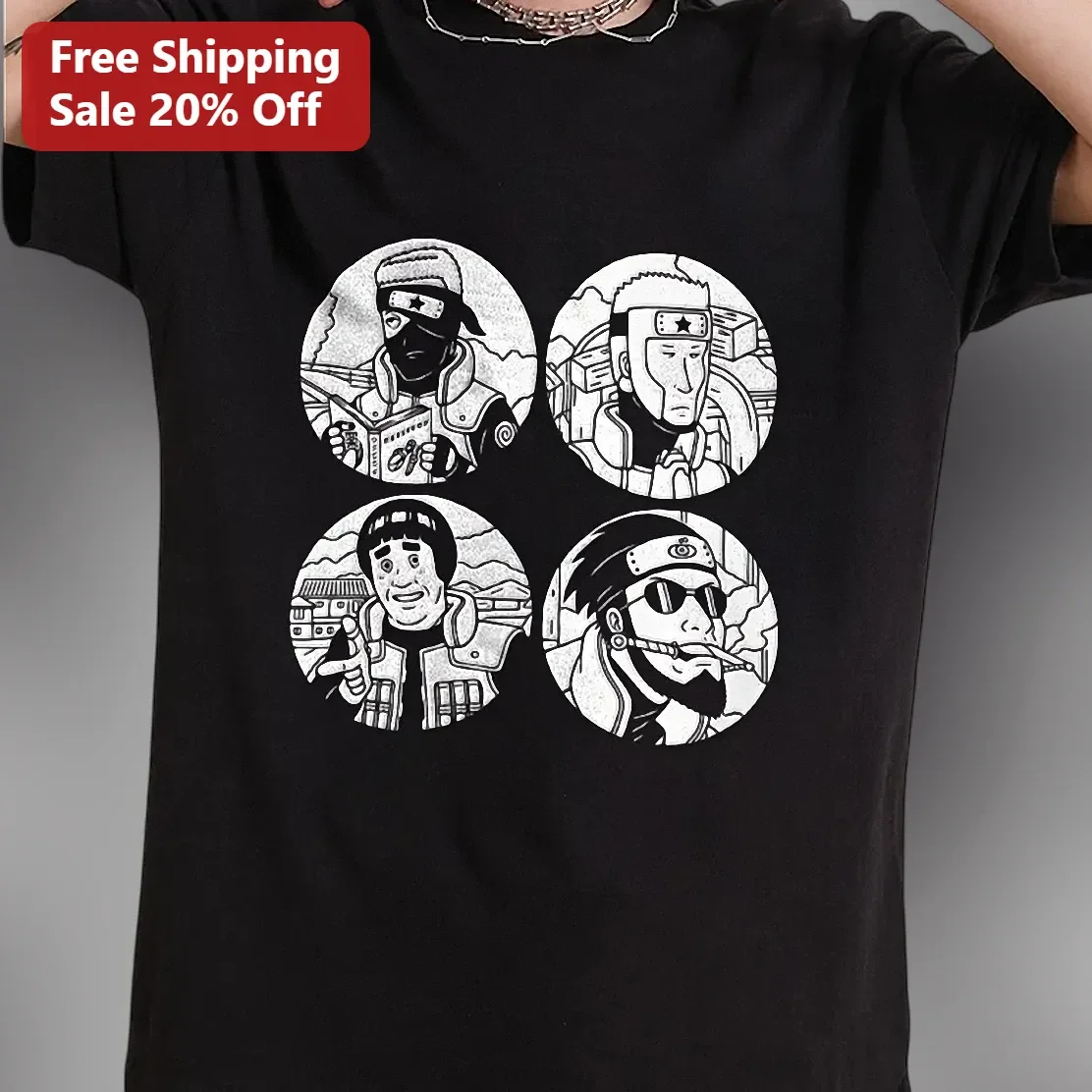 Naruto Characters Tee Monochrome Manga Ninja Village Graphic T-Shirt for Anime Fans