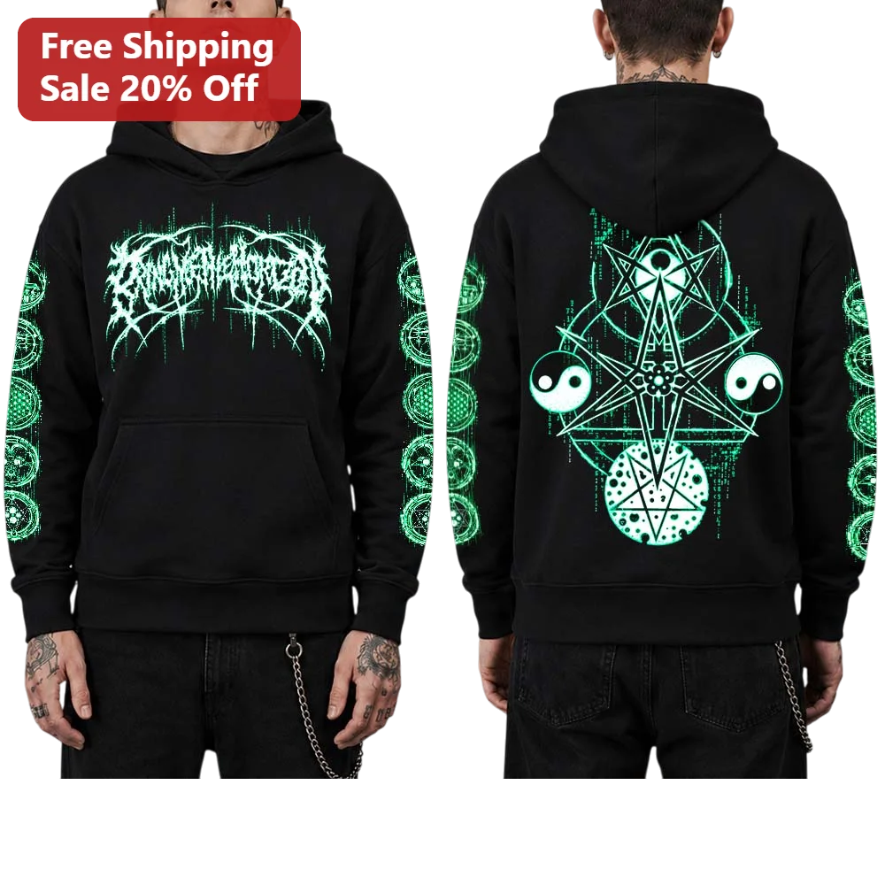Neon Green Occult Pentagram Metal Logo Hoodie Gothic Wicca Spiritual Sweatshirt for Men Women