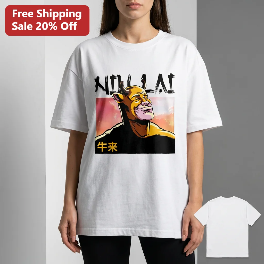 NETFLA Bull Anime Character Graphic Tee, Niu Lai Chinese Meme Streetwear Shirt, Funny Horned Cartoon Tee Gift for Anime Fans