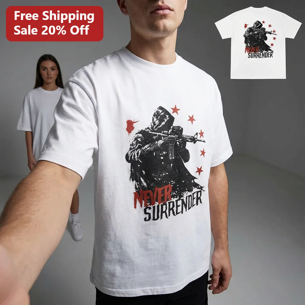 Never Surrender Sniper Soldier Tee, Patriotic Tactical Military Graphic Tee Gift for Veterans and Gun Enthusiasts