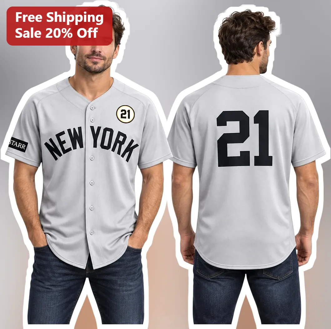 New York Baseball Jersey Men Vintage Style Grey Button Up Shirt