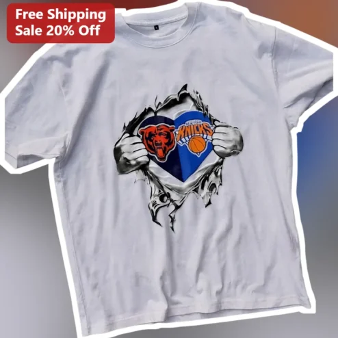 New York Knicks Tee Chicago Bears NFL NBA Crossover Superman Rip Graphic Shirt for Sports Fans