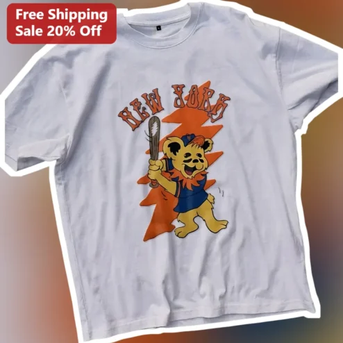 New York Vintage Baseball Bear Mascot Graphic Tee Retro Sports Shirt