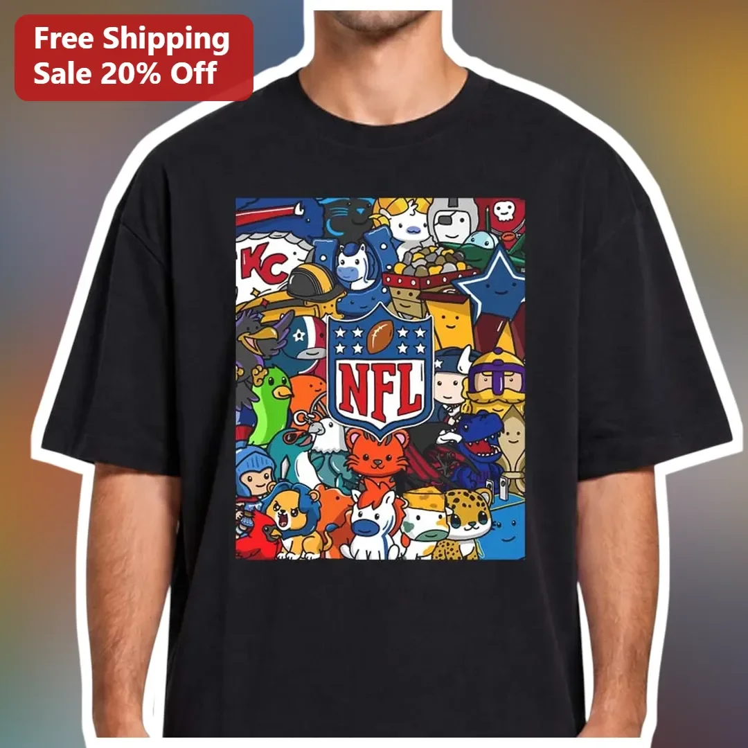 NFL Kawaii Doodle Mascot Graphic Tee Cute Football Fan Shirt for Men Women
