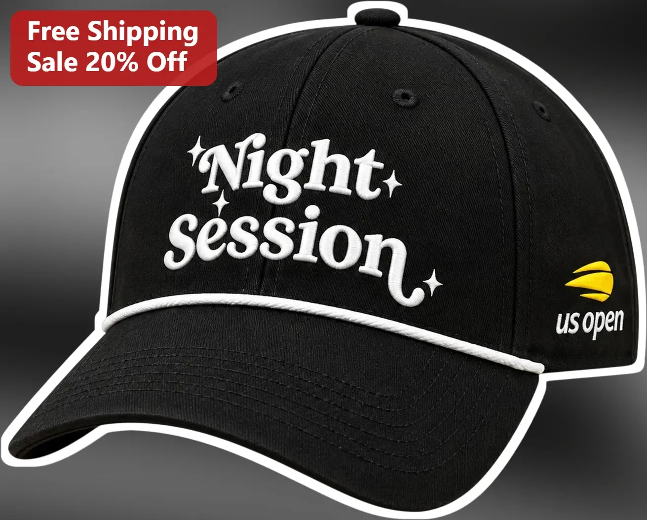 Night Session Hat US Open Tennis Embroidered Baseball Cap Black Rope Brim Dad Hat for Men Women