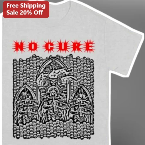 No Cure Gothic Skull Woodcut Art Tee Punk Rock Horror Graphic T-Shirt