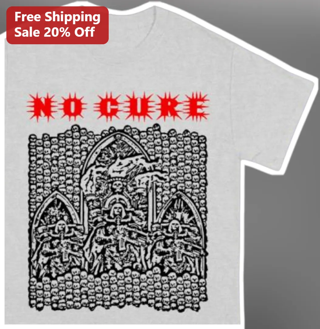 No Cure Gothic Skull Woodcut Art Tee Punk Rock Horror Graphic T-Shirt