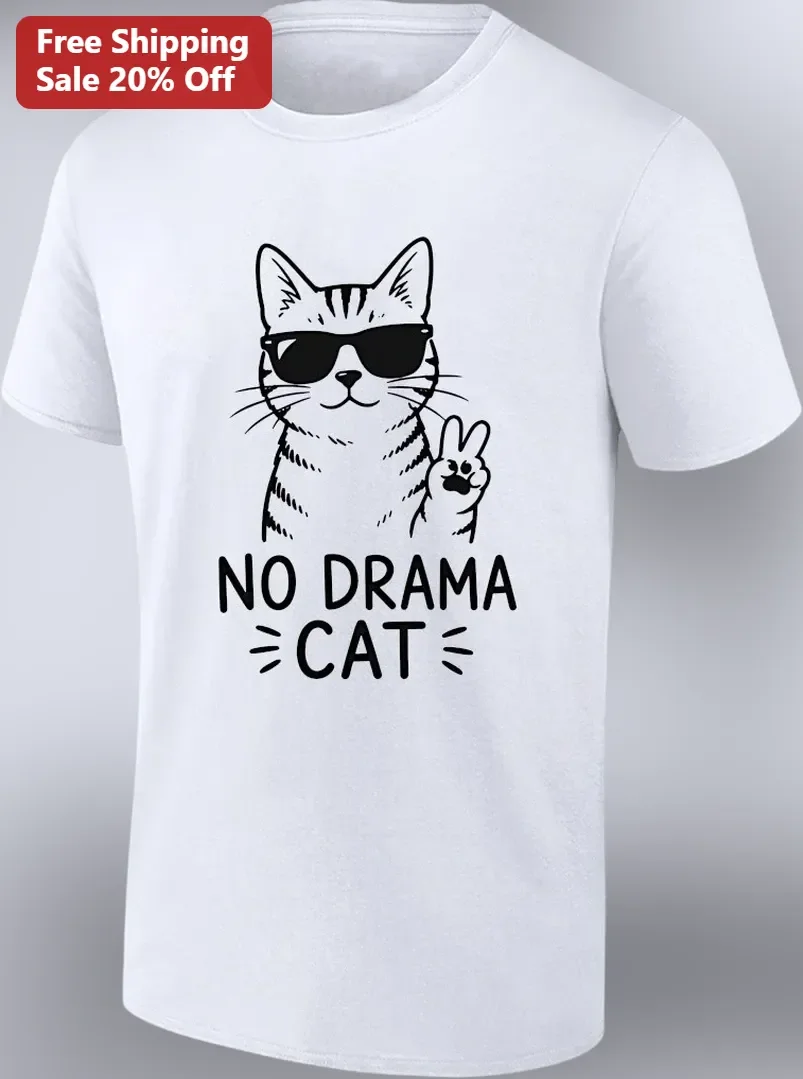 No Drama Cat Graphic Tee Funny Peace Sign Kitty Shirt Gift for Cat Lovers