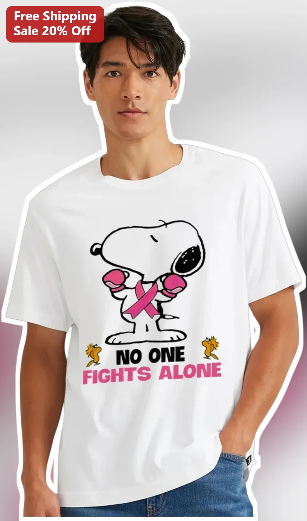 No One Fights Alone Snoopy Breast Cancer Awareness Tee
