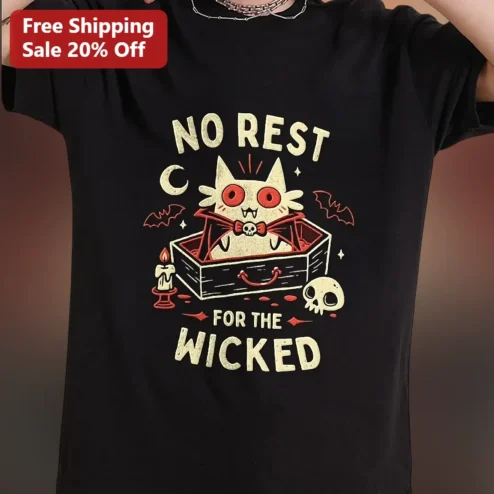 No Rest for the Wicked Vampire Cat Tee Halloween Gothic Kawaii Graphic Shirt