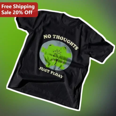 No Thoughts Just Float Graphic Tee Funny Frog Meme Shirt for Gamers and Mindfulness Lovers