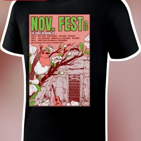 NOV. FEST 2026 Tee Vintage Folk Music Festival Shirt with Robin and Guitar Graphic